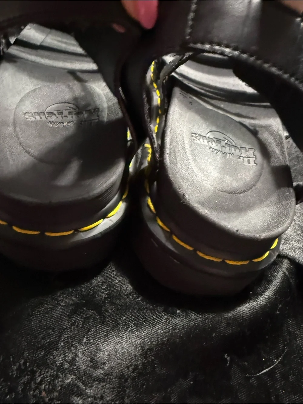 Dr. Martens Black Leather Strappy Platform Sandals with Yellow Stitching-W-11